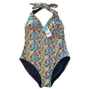 NWT Boden Black Floral Ruffle Swimsuit Swim One Piece Women US 8